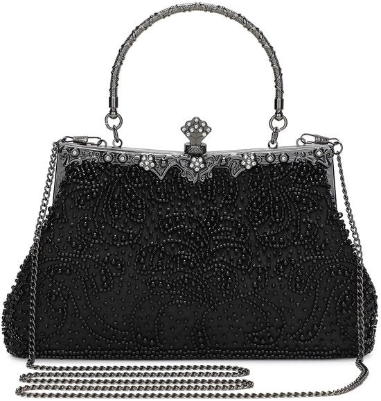 Borsa da sera in pelle con perle per donna vintage 1920s con modello di tasca e perle, nera, elegante borsa da sera con perle per donna per matrimonio e feste