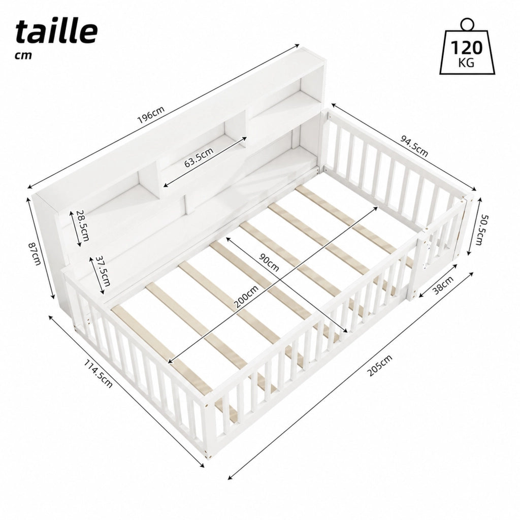 DESMIU Letto per bambini 90 × 200 cm con ripiani e sponda, senza materasso, in pino e MDF, bianco