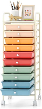 Carrello Portaoggetti con 10 Cassetti, Telaio in Metallo e Struttura in Plastica, 4 Ruote di cui 2 con Freno, Organizer Multiuso per Ufficio, Cucina e Bagno, 33 x 37 x 86 cm