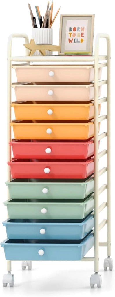 Carrello Portaoggetti con 10 Cassetti, Telaio in Metallo e Struttura in Plastica, 4 Ruote di cui 2 con Freno, Organizer Multiuso per Ufficio, Cucina e Bagno, 33 x 37 x 86 cm