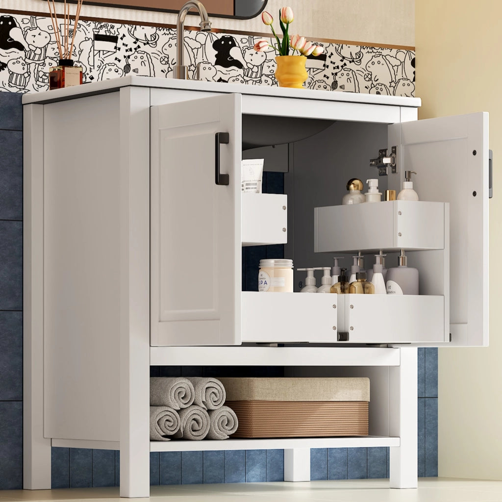 Mobile lavabo freestanding 76,5 x 47 x 83 cm con doppia anta, lavabo in ceramica integrato e vani aperti, bianco