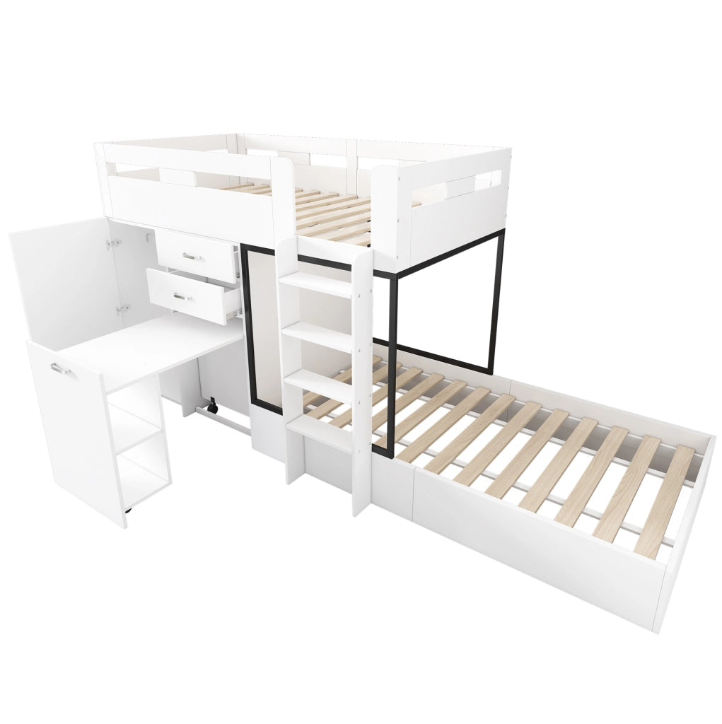 Letto a castello per bambini 90x200 cm con scrivania estraibile, armadio e cassetti