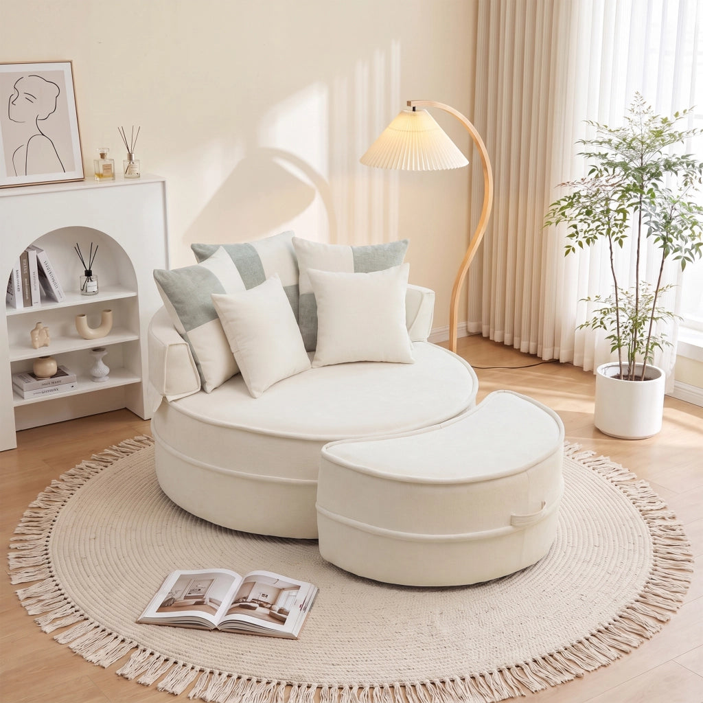 Sedia lounge rotonda senza montaggio con 5 cuscini e ottomana in schiuma beige per soggiorno 121 × 107 cm