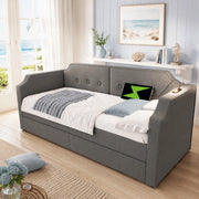 Letto imbottito 90x200 cm in velluto grigio con 2 cassetti, USB Type-C, lampada da lettura e rete a doghe