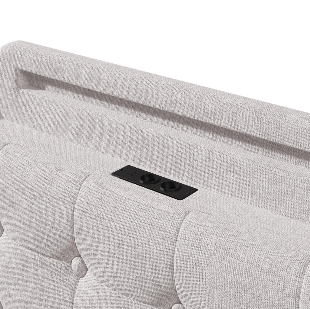Letto matrimoniale imbottito 140x200 cm in lino beige con LED; contenitore idraulico e porte USB + Type-C