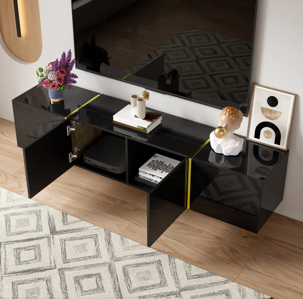 Mobile TV in MDF nero lucido con 4 ante e cerniere soft-close; 170 x 35 x 46 cm