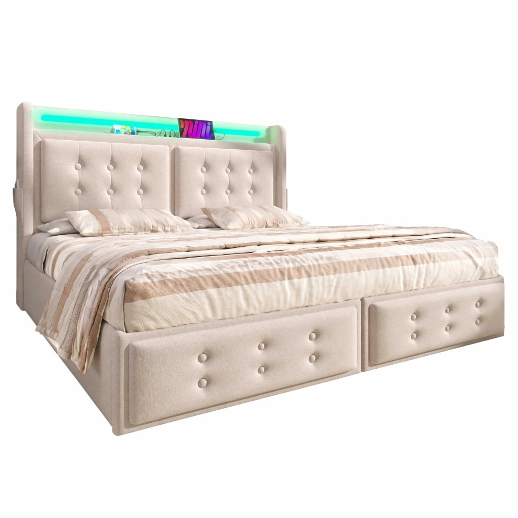 Letto matrimoniale imbottito 160x200 cm con LED; prese USB e contenitore; beige in cotone-lino