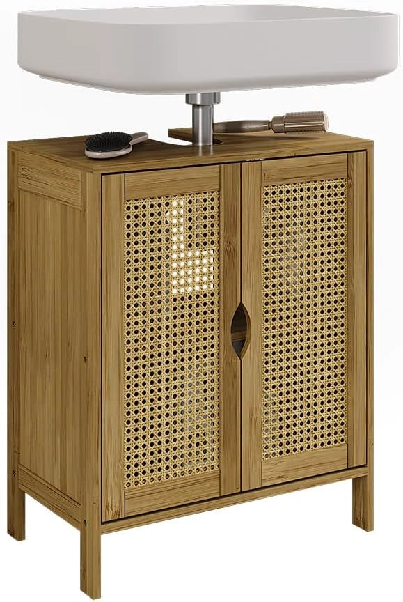 Mobiletto per lavabo Liora, Bambù, 48 x 60 cm, per la conservazione di articoli da bagno e asciugamani