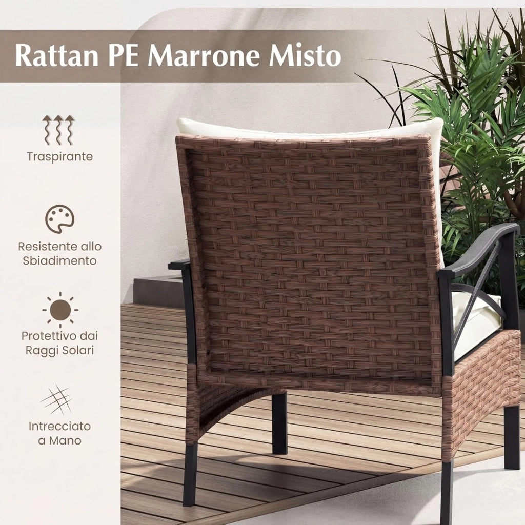 Set di 5 Mobili da Giardino in Rattan, Set Mobili da Esterno con Sedie Poggiapiedi Cuscini e Tavolino in Vetro Temperato a 2 Livelli, Set Conversazione per Portico e Balcone (Beige)