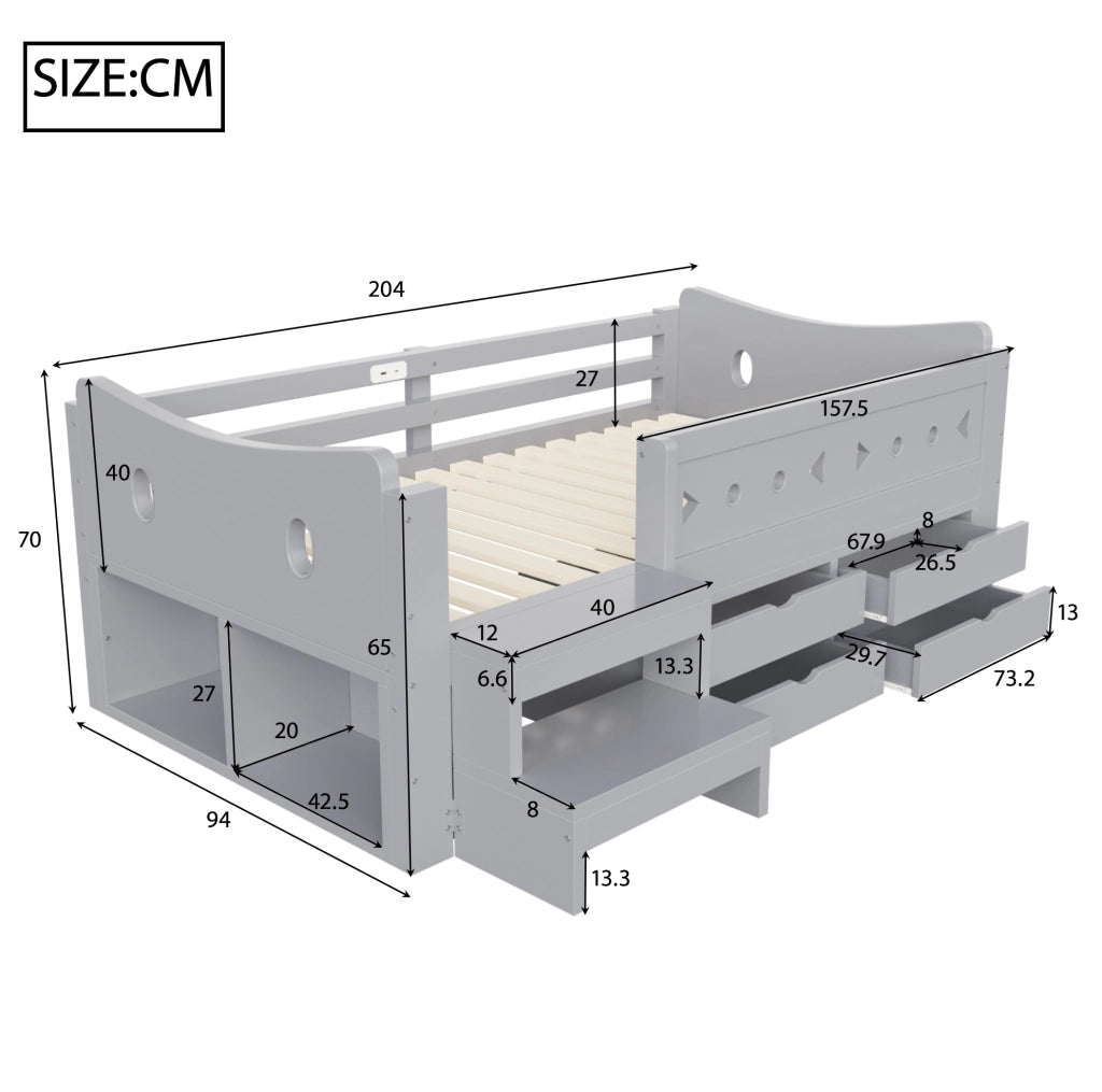 Letto singolo per bambini 90x200 cm con LED e cassetti grigio