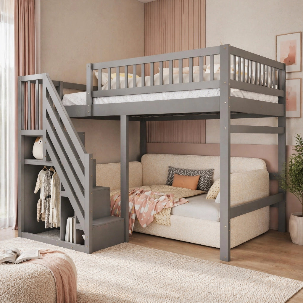 Letto singolo in legno massello 140x200 cm con scala contenitore e sponde alte; grigio