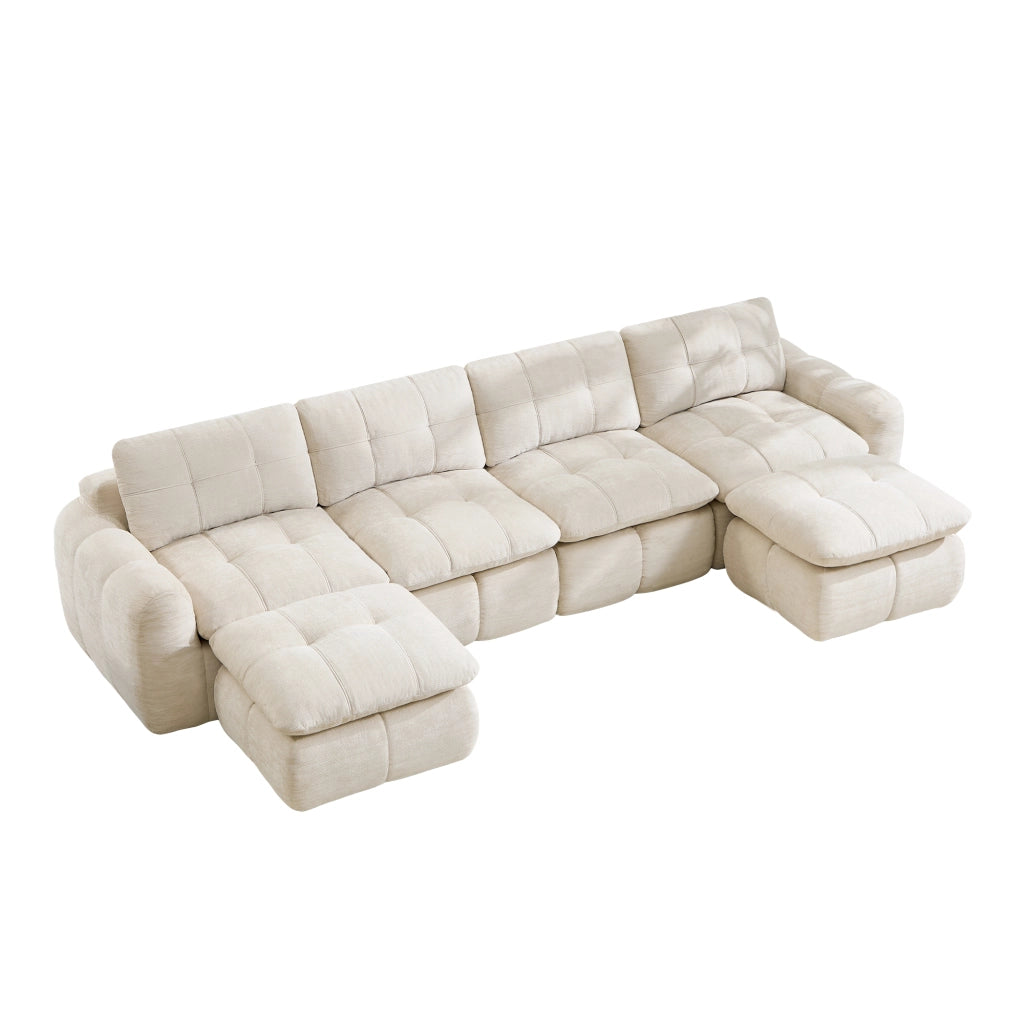 Divano modulare 4 posti con seduta ampia e cuscini morbidi in chenille beige
