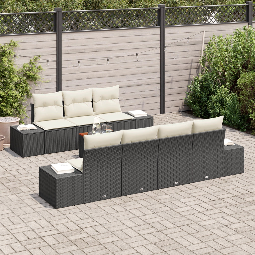 Set di divani da giardino con cuscini neri in polyrattan acacia