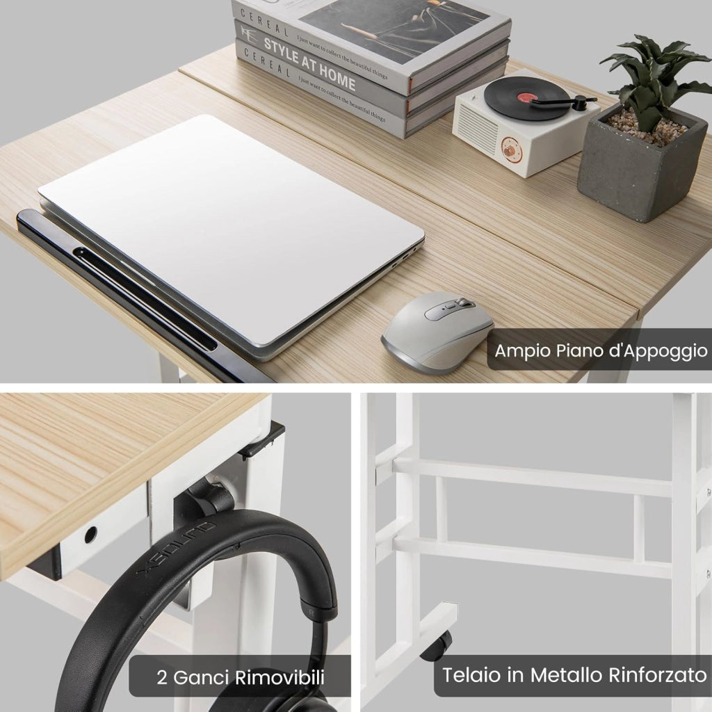 Scrivania per Computer Regolabile in Altezza, Postazione di Lavoro per Computer con Ruote e Ganci, Tavolo Porta PC per Studio e Ufficio, 60 x 60 x 72-124 cm (Naturale)
