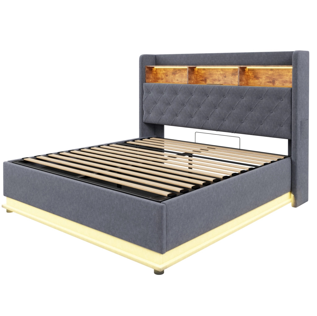 Letto imbottito 180x200 cm con LED multicolore, USB e contenitore grigio