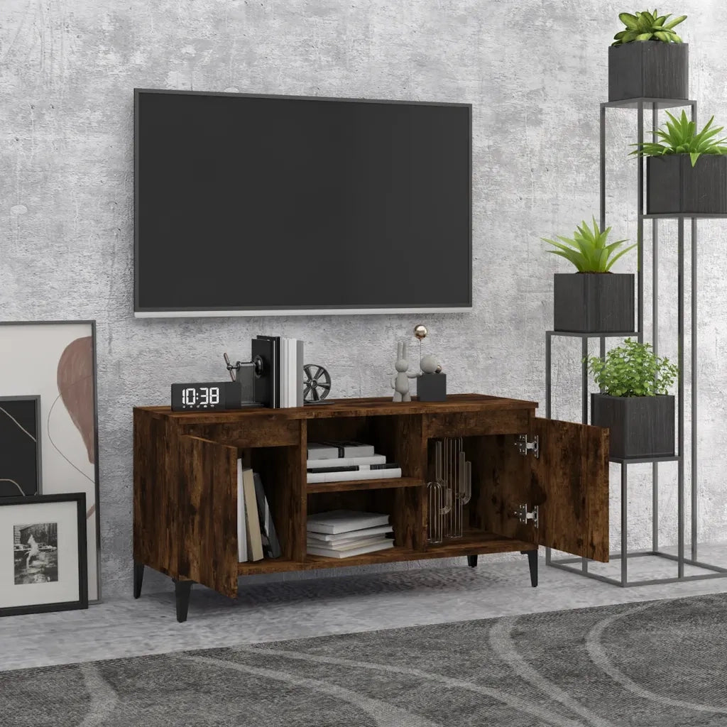 Mobile TV con Gambe-Credenza TV-Console TV in Metallo Rovere Fumo 103,5x35x50 cm