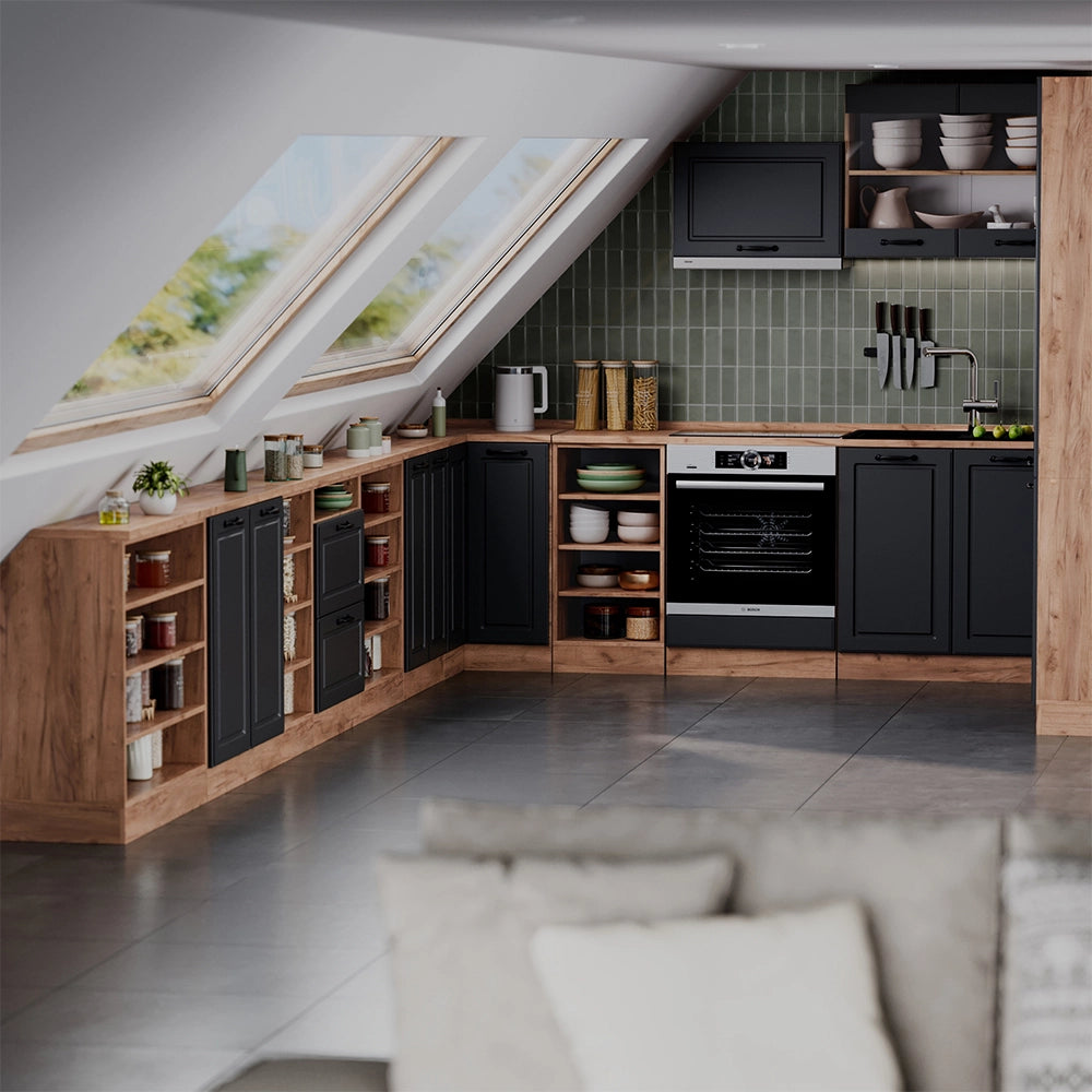 Mobile cucina sottotetto R-Line Antracite rustico/Rovere dorato 60 cm con 2 cassetti, carcassa 60 cm profondità Vicco