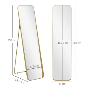 Specchio da terra a figura intera 160 x 40 cm con telaio in metallo dorato, appoggio a parete e vetro antisfondamento