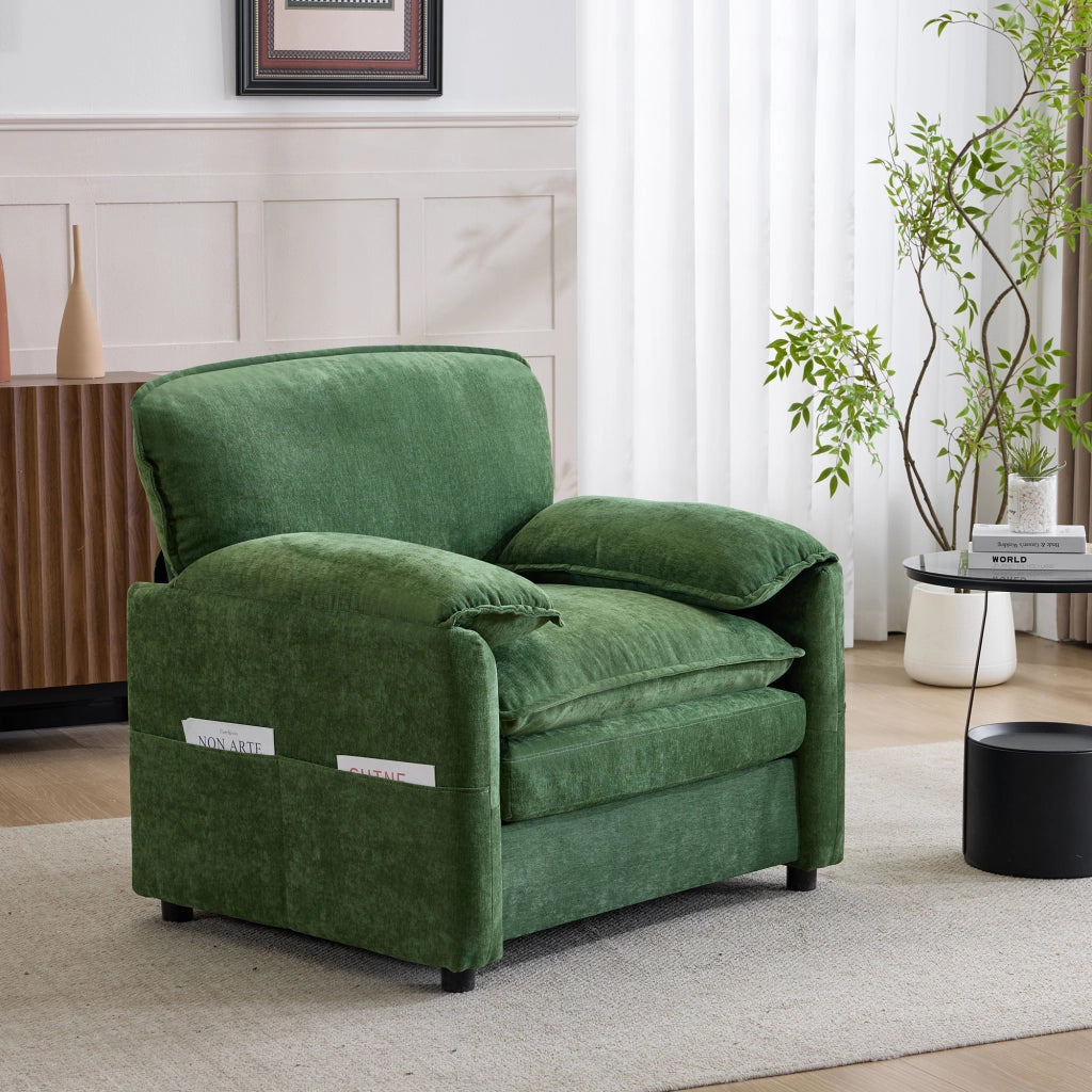 Canapé droit con tasche laterali e seduta imbottita per soggiorno balcone e studio in velluto chenille verde scuro