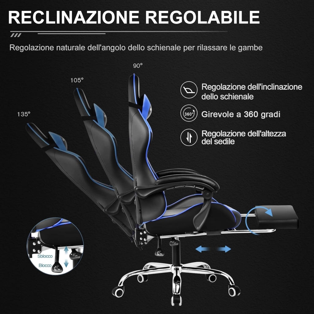 Sedia da Gaming, Ergonomico Sedia da Ufficio, con Massaggiante poggiapiedi e supporto lombare, Schienale Regolabile 90-135°, Portata 150 kg, sedia per computer, Blu