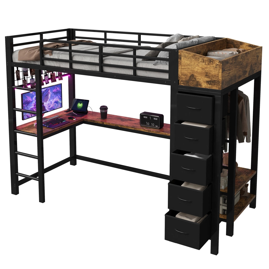 Letto a soppalco in metallo 90x200 cm con scrivania gaming, sistema di contenimento e luci LED