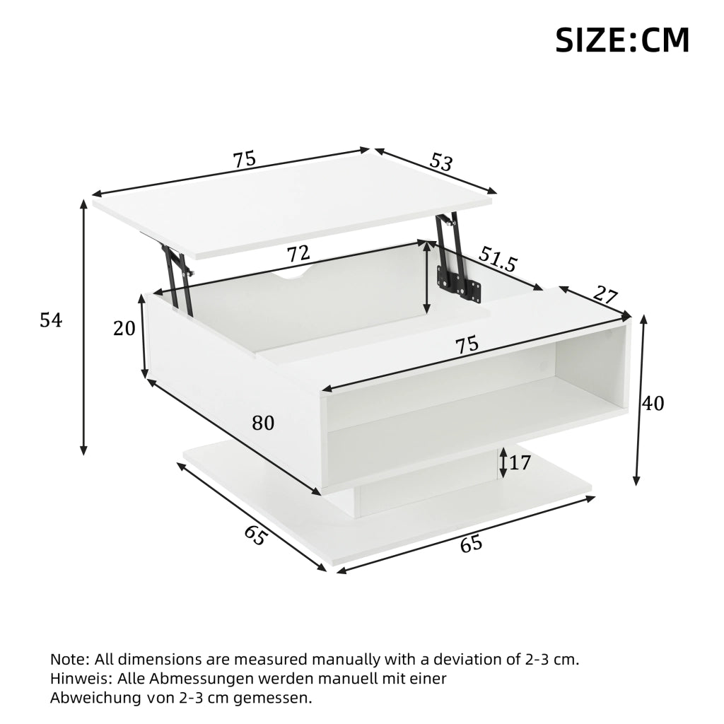 TAVOLO Caffè alzabile 80x75x40 cm Bianco con LED e vano contenitore