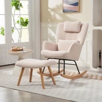 Poltrona a Dondolo con Poggapiedi, Rivestimento in Morbido Pile, Gambe in Legno, Cuscino, Schienale Alto, Sedia a Dondolo, Beige