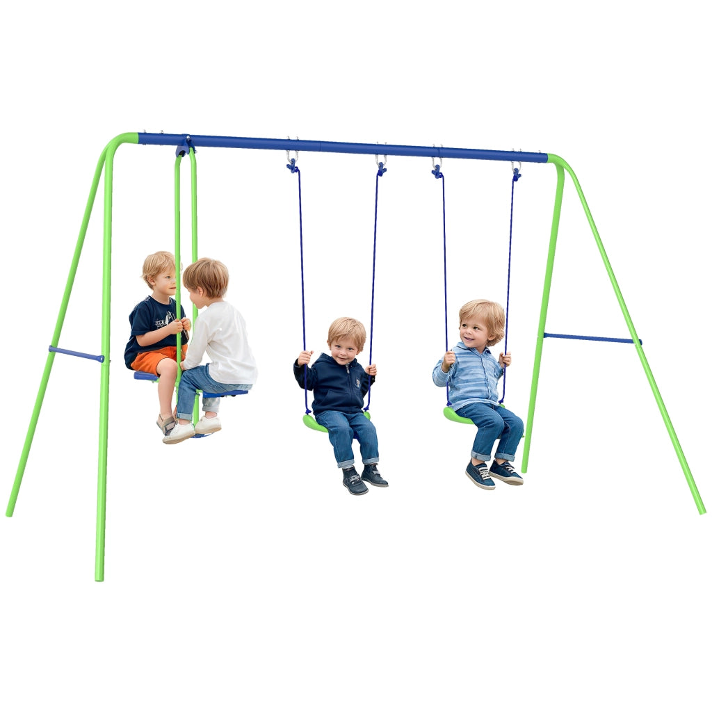 Gioco per Bambini con Altalena Doppia e 2 Altalene Singole in Metallo e PE, 280x140x178 cm, Verde e Blu