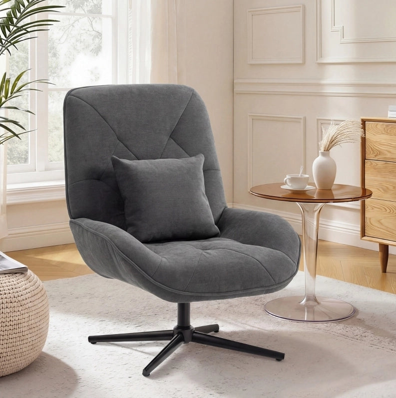 Poltrona girevole in chenille grigio scuro con cuscino lombare