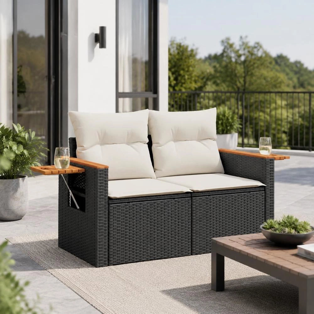 Garden Sofa With Cushions 2-seater Black Poly Rattan
