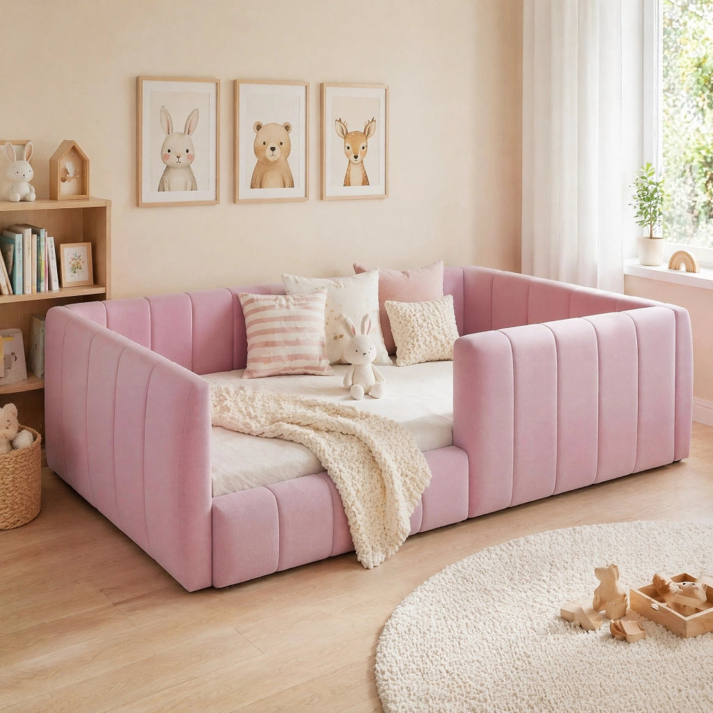 Letto piattaforma imbottito 90x200 cm con spondine di sicurezza; rosa; in MDF e velluto