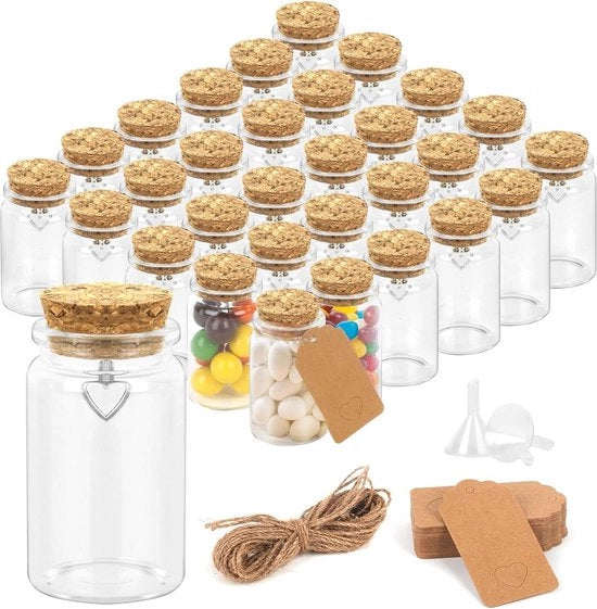 30 flaconcini di risposta con stopper - 36 ml mini bottiglie di vetro - hanger a forma di cuore - etichette - imbuto - corda di canapa - regalo per ospiti - decorazione di festa di matrimonio