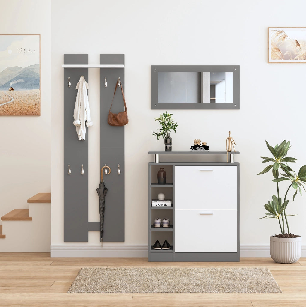Set ingresso con specchio e scarpiera 80x25x96;5 cm in truciolare grigio