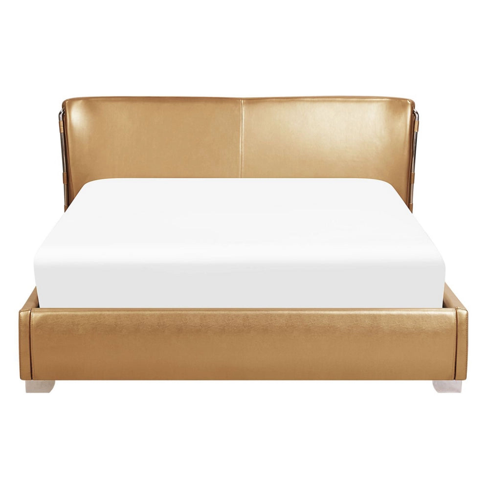 Letto Vera Pelle Color Oro Testiera Curva Rete a Doghe 140 x 200 cm