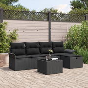 Set da Giardino  6 Pezzi con Cuscini Rattan Poliestere Nero