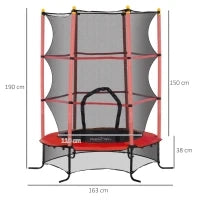 Trampolino Elastico per Bambini Ø1.6x1.9 m con Rete di Sicurezza e Pali Imbottiti, Età 3-10 Anni, Rosso