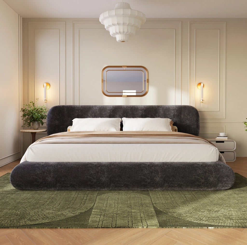 Letto matrimoniale 140x200 cm imbottito in ciniglia con rete a doghe e testiera; grigio
