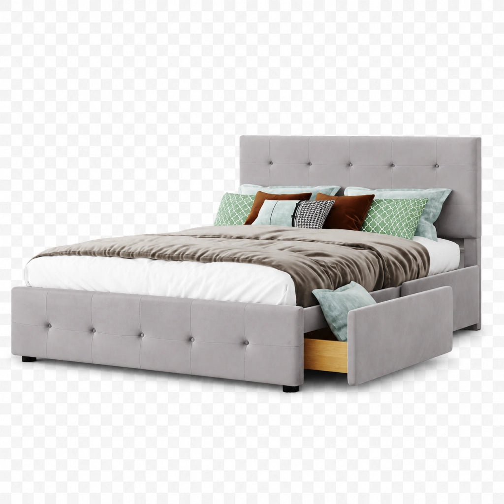 Letto matrimoniale 140x200 cm con 4 cassetti; struttura robusta; velluto imbottito; grigio