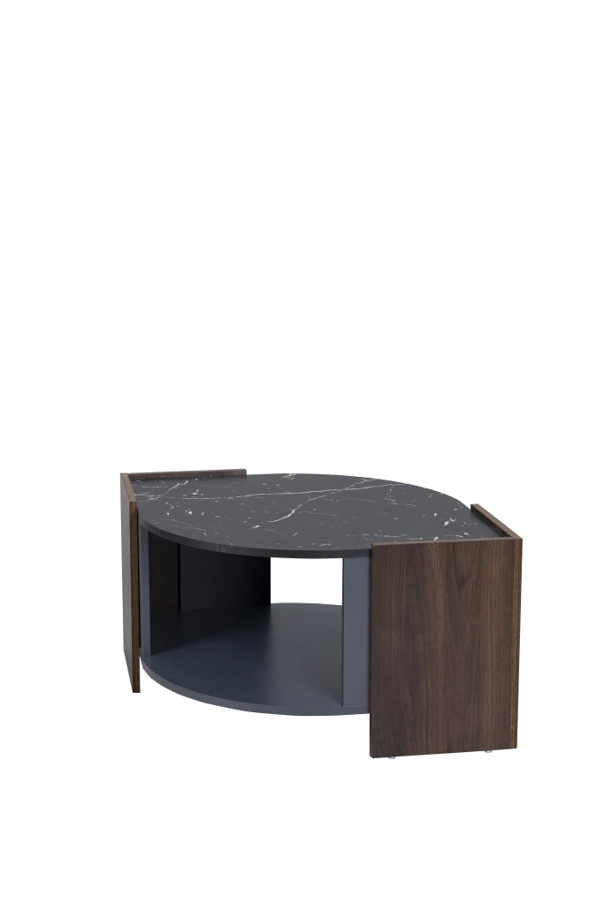 OKWISH Tavolino da Salotto Rettangolare con Vano Contenitore, Effetto Marmo Nero e Noce, Nero, 96.5×63×40 cm