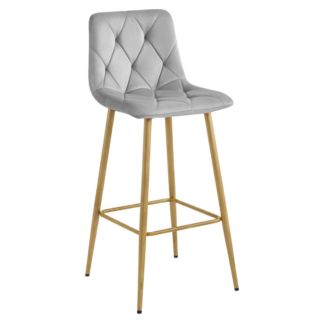 Sgabello alto NADO in velluto grigio chiaro e gambe effetto rovere