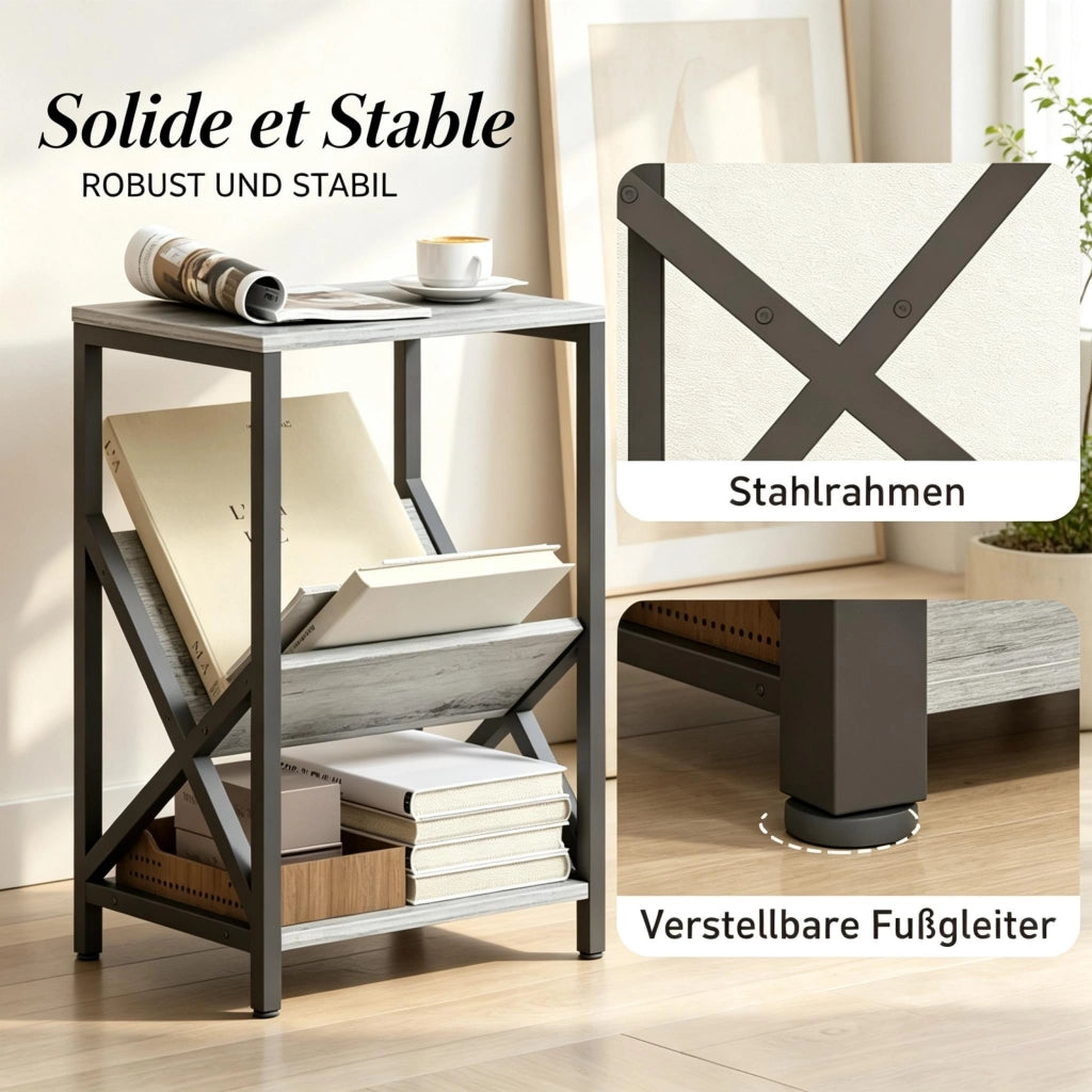 Consolle stretta con organizer a V e ripiano inferiore in legno grigio scuro e acciaio 40 × 30 × 61 cm