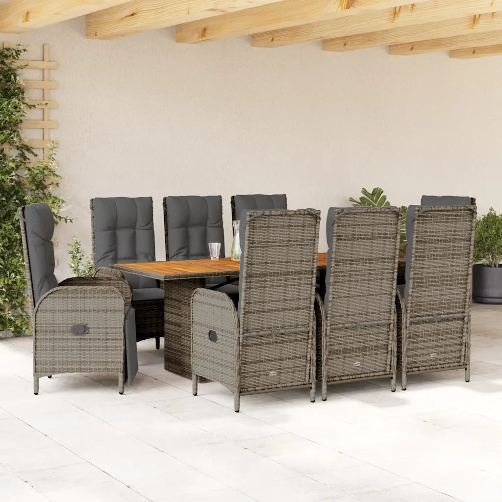 Set da Pranzo da Giardino 9 pz con Cuscini in Polyrattan Grigio