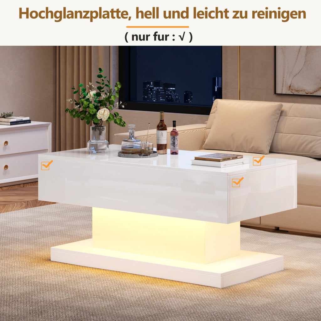 Tavolino da caffè con piano alzabile e vano contenitore; LED - per soggiorno - in truciolare - 100×50×45 cm - bianco