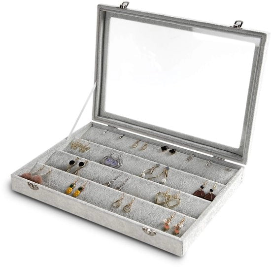 Organizzatore per Orecchini con Coperchio Translucido, 64 Fattori, Supporto di Caricamento in Velluto, Scatola per Orecchini con Coperchio in Vetro, Display per Gioielli, Scatola di Regalo per Ragazze e Donne (Grigio, Orecchini)