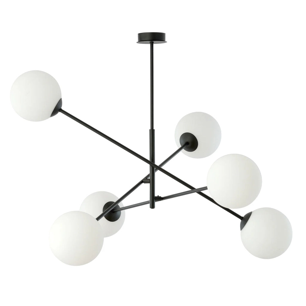 Lampadario 6 Luci Yama In Acciao Nero Con Bracci Regolabili E Vetro Opale