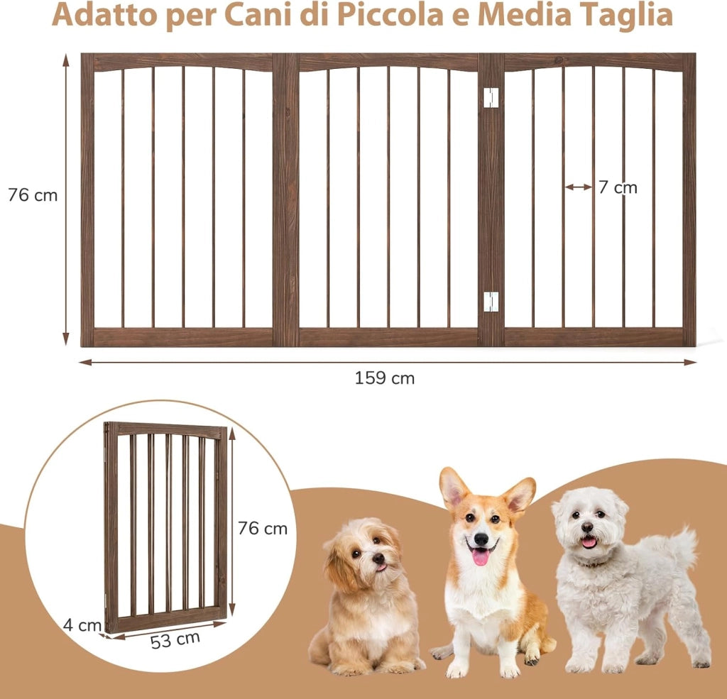 Cancelletto in Legno per Cani 159 x 76 cm, Recinto per Bambini, Cancello Pieghevole a 3 Pannelli per Porte, Scale e Corridoi (Naturale)