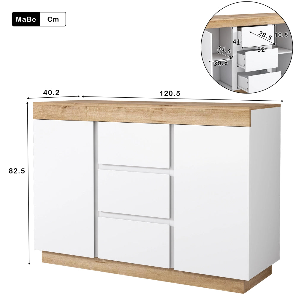 Cassettiera con 3 Cassetti e 2 Ante; Ampio Spazio Contenitivo; Stile Classico; in Pannello Truciolare; Bianco e Rovere
