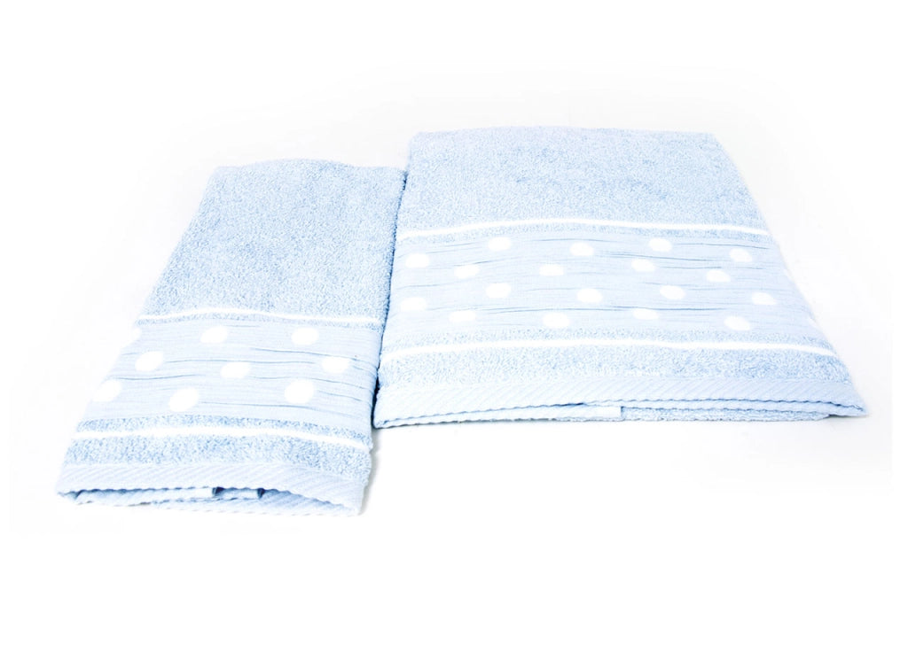 Set Asciugamano Copiola Salvietta Bagno In Spugna 100% Cotone Mod Pois Azzurro