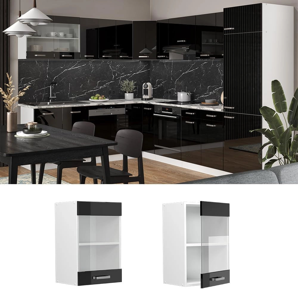 Mobile da cucina in vetro R-Line, Nero lucido, 40 cm, per la libera combinazione all'interno di sistemi cucina modulari
