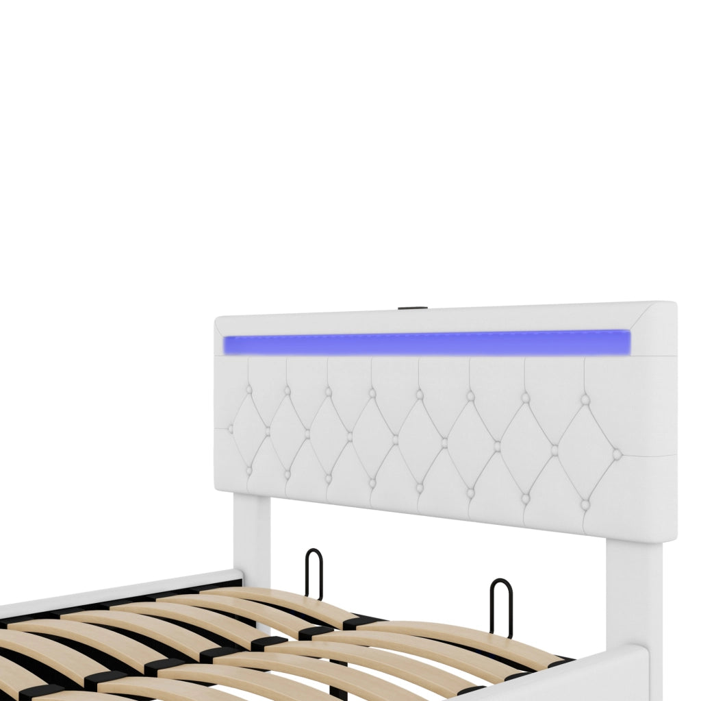 Letto imbottito ULEVR 140x200 cm con contenitore idraulico, LED multicolore, prese USB e USB-C, lino bianco
